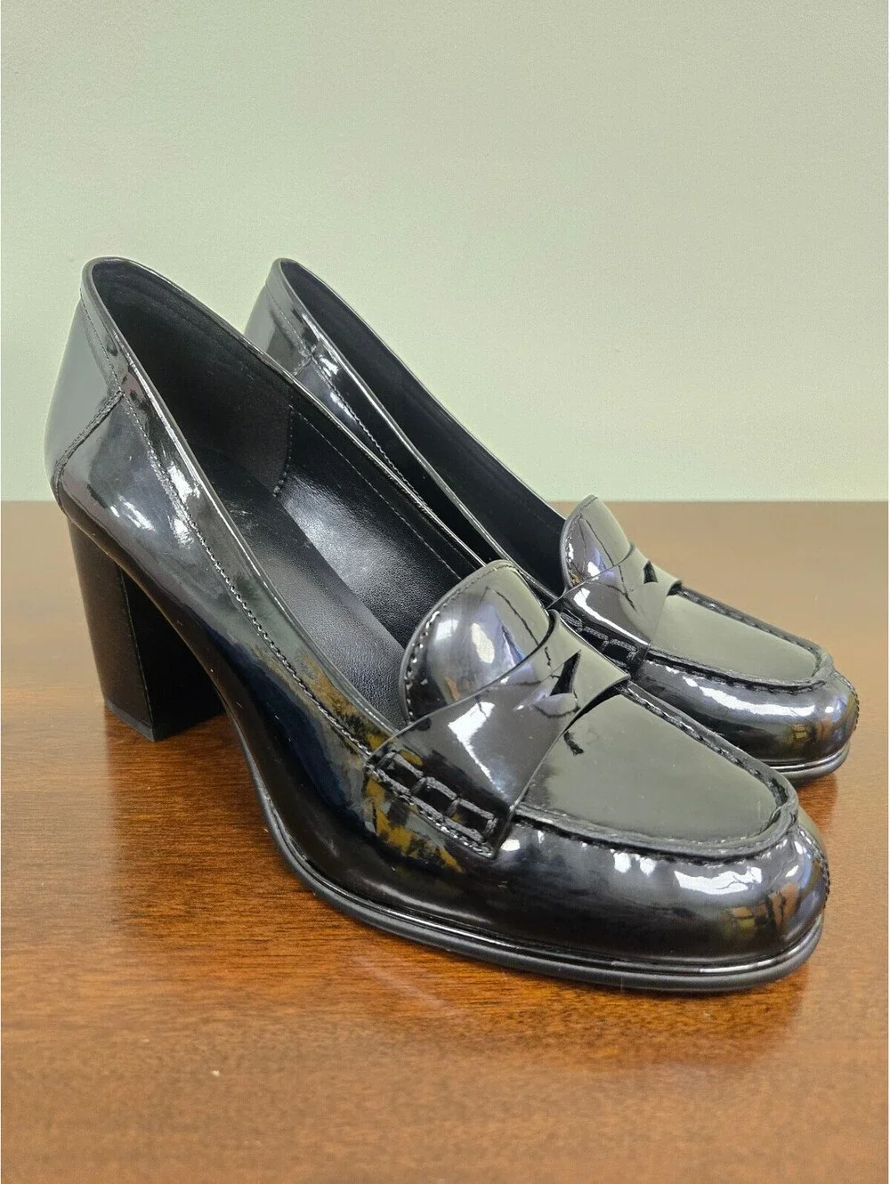 Michael Michael Kors black patent block heel loafers